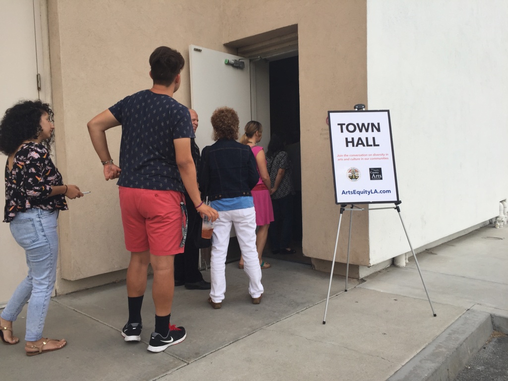 A line stretched out the door for a town hall event at the Museum of Latin American Art in Long Beach.