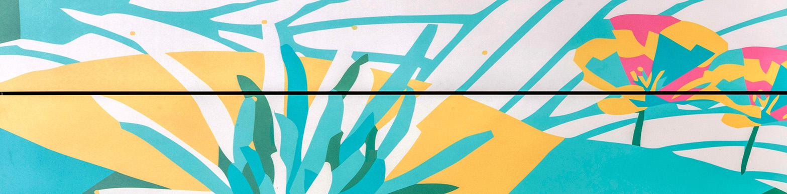 A Graphic representation of an aloe plant and two live oak trees on a desert landscape