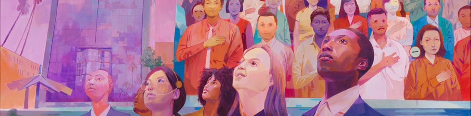 Image of four individuals standing in front of a group of people