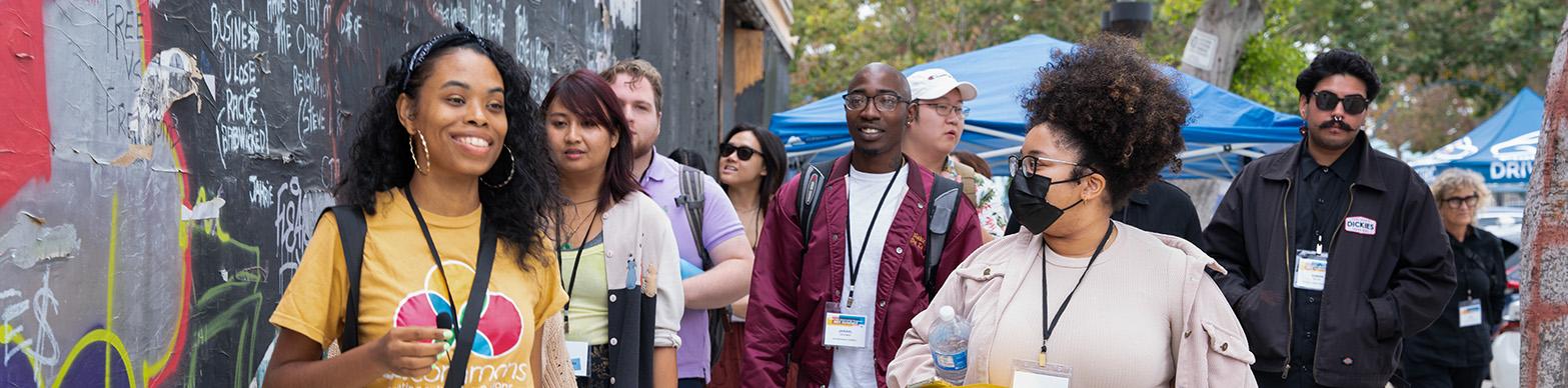 Interns walk down the street