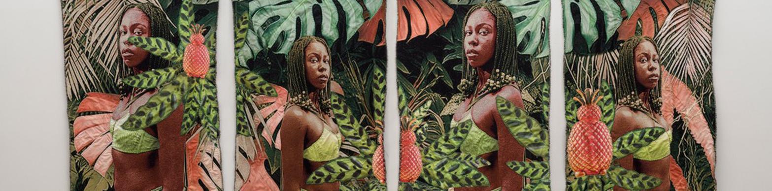 paintings of black woman in jungle-like fauna