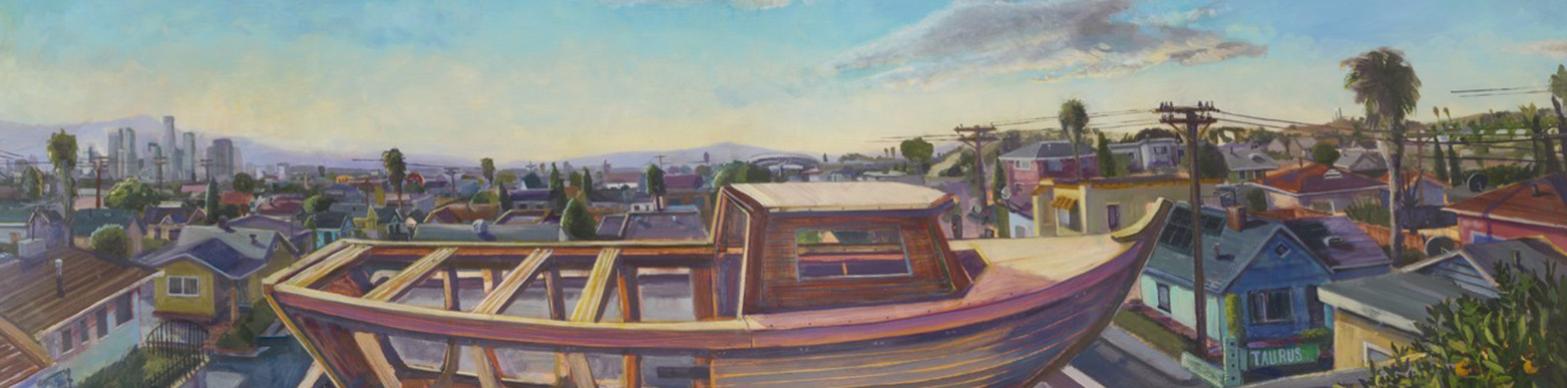painting of half completed boat on a roof