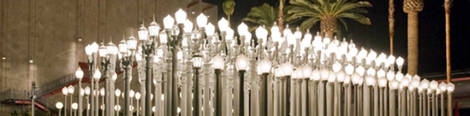 Tight group of decorative street lamps as a sculpture