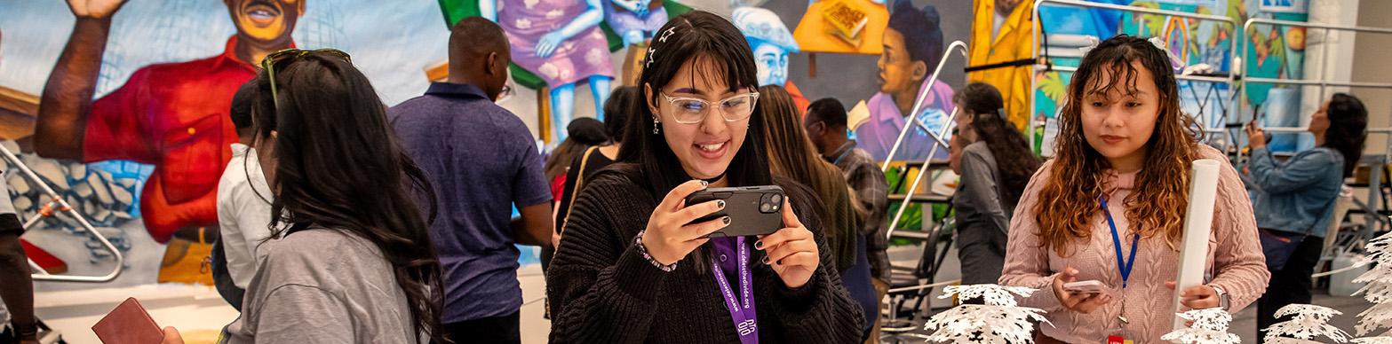 image of woman with phone appreciating artwork