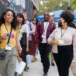 Interns walk down the street