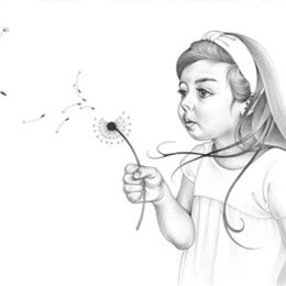drawing of girl blowing dandelion seeds into the air